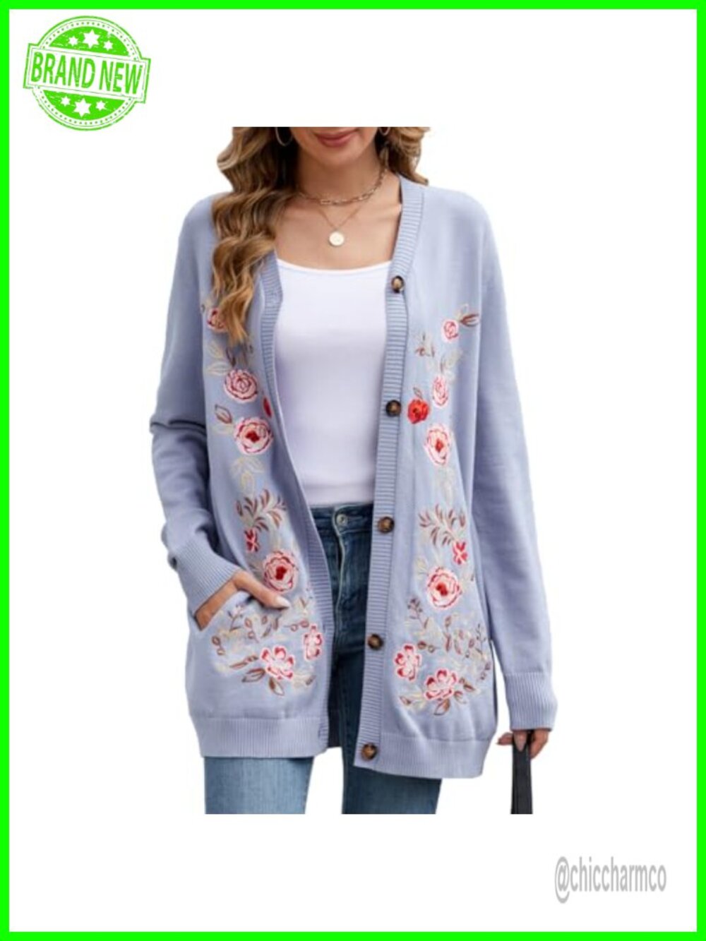 Womens Oversized Open Front Cardigan Floral Embroidery Button Down Knit